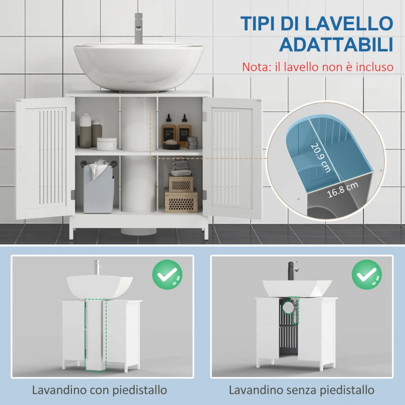 kleankin Mobiletto da Bagno Sottolavabo a 2 Ante in MDF Salvaspazio con Ripiani Regolabili 60x30x60cm Bianco