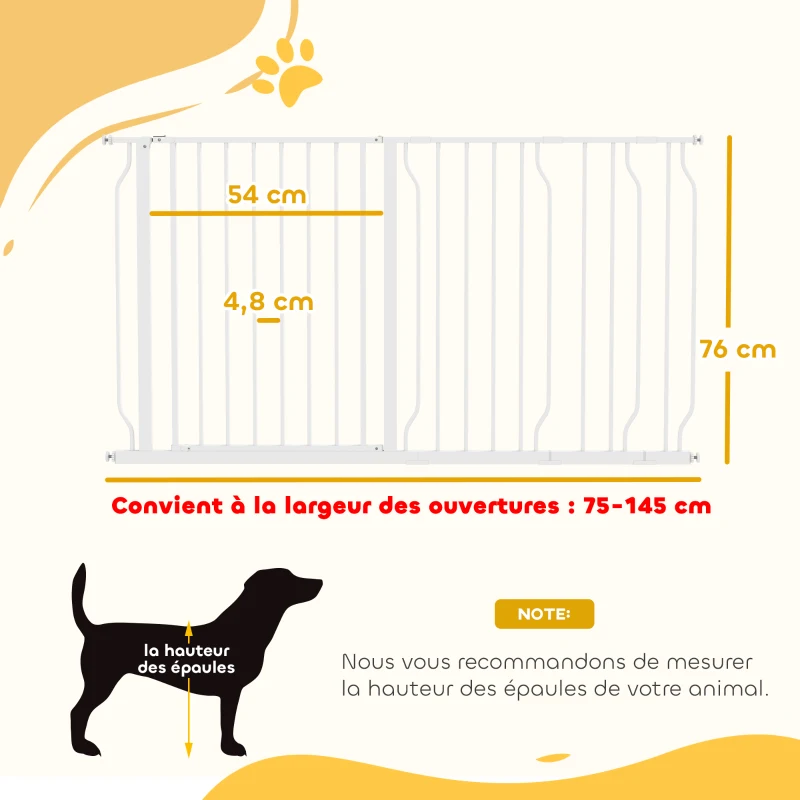 PawHut Barrière de sécurité chien barrière extensible 75-145 x 76 cm barrière escaliers couloirs portes sans perçage en acier et ABS blanc