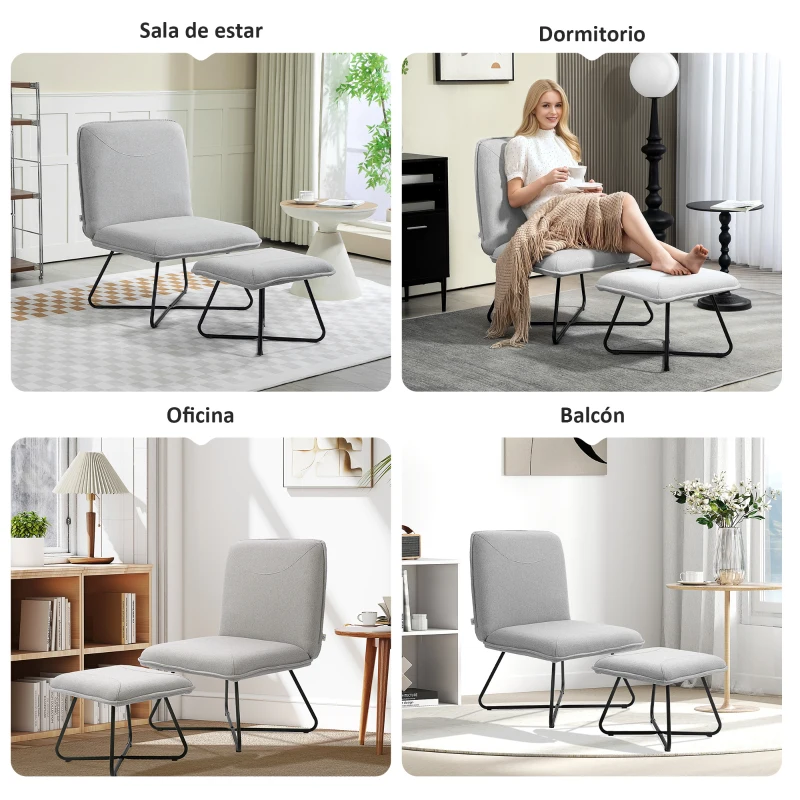 HOMCOM Butaca con Reposapiés Sillón para Lectura con Patas de Acero en Forma de Cruz Gris Claro