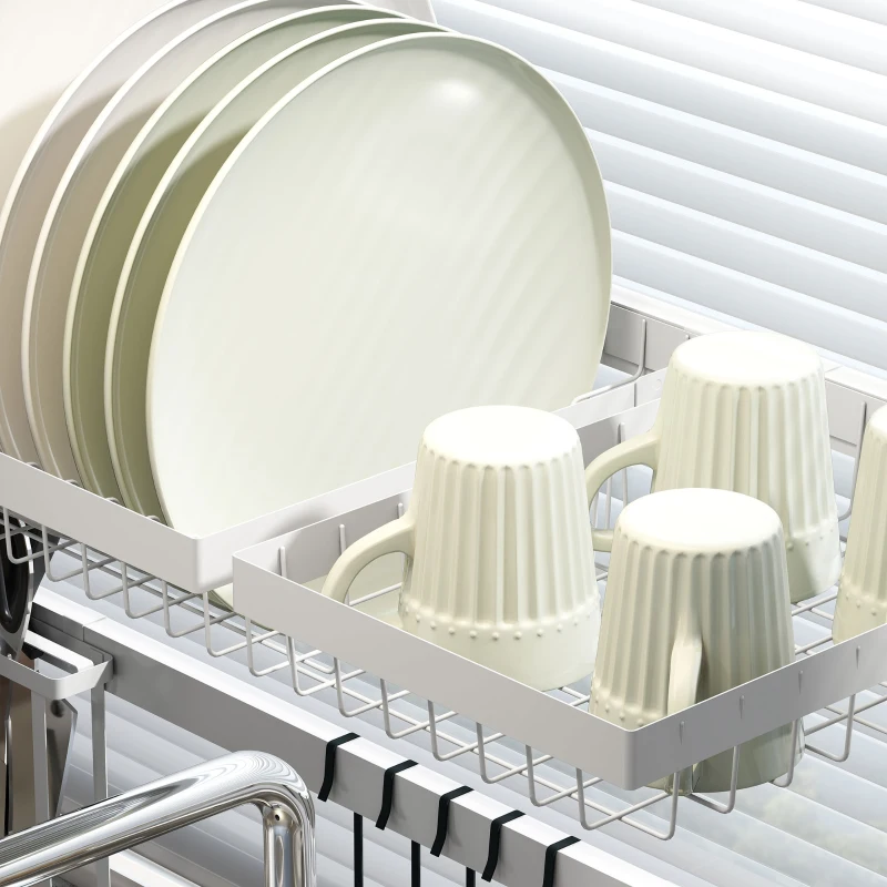 HOMCOM Escurreplatos de Acero de 2 Niveles para Fregadero con Soporte de Tabla de Corte y Cubiertos 100x30x54,5cm Blanco