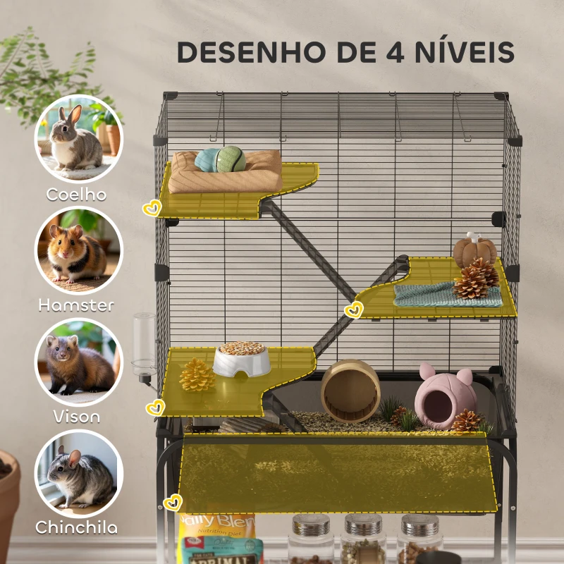 PawHut Gaiola para Pequenos Animais de 4 Níveis com Bandeja Inferior Rodas Rampas Comedouro e Bebedouro 73x47x123 cm Preto