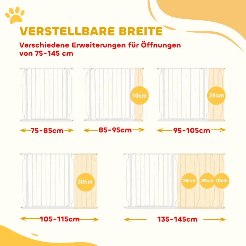 PawHut Hunde-Türabsperrung, längenverstellbar 75-145cm, Montage ohne Bohren, Stahlrahmen, Weiß(m-4)