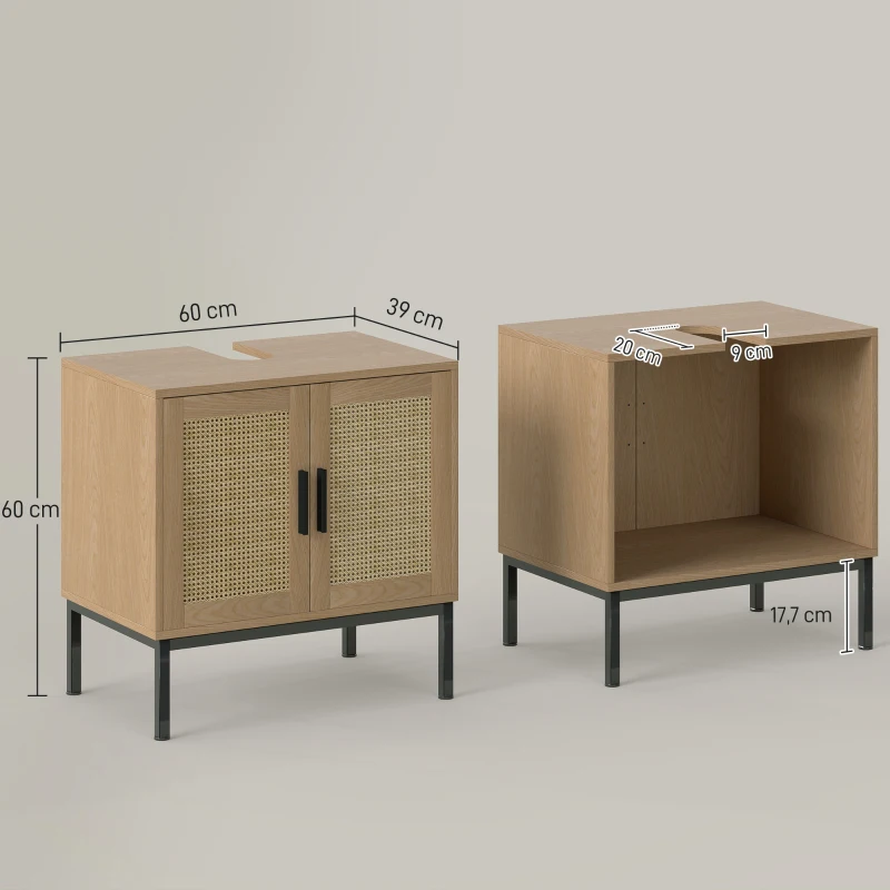 kleankin Badezimmerunterschrank, im Boho-Design, Badezimmerschrank, Rattan-Elemente, mit U-Ausschnitt, Eiche