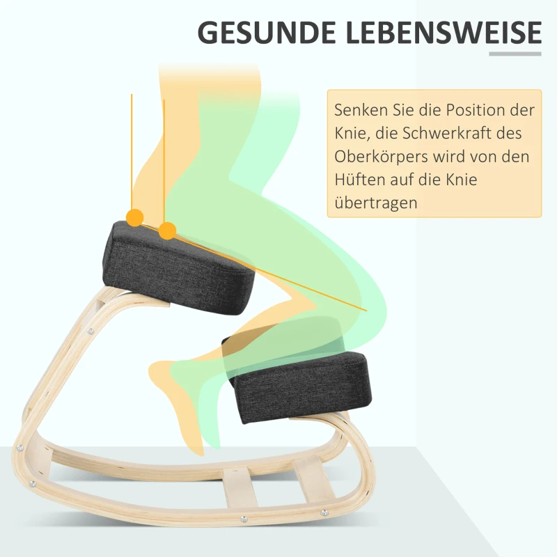 Vinsetto Kniestuhl, ergonomischer Sitzhocker, Polsterhocker für gesunde Sitzhaltung, Birkenholz, 120 kg belastbar, Schwarz(m-6)