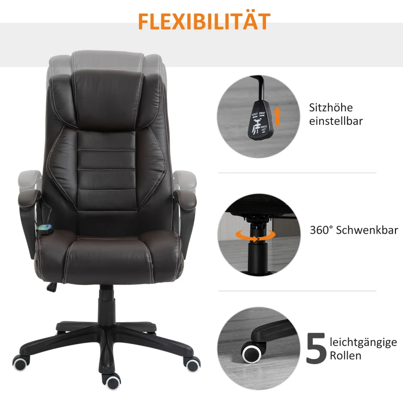 Vinsetto Massage Bureaustoel, verstelbare Directiestoel, ergonomische Draaistoel, 6 Vibratiepunten, Bruin(m-5)