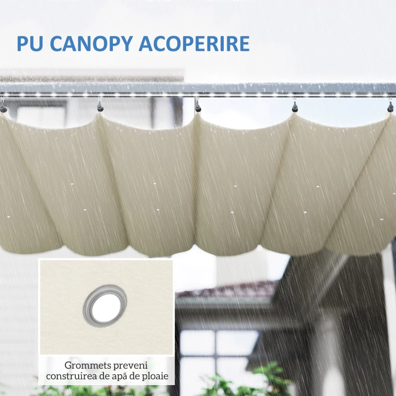 Outsunny Pergolă cu Lumini LED și 12 Orificii de Drenaj, 400x300x230 cm, Alb Crem(m-7)