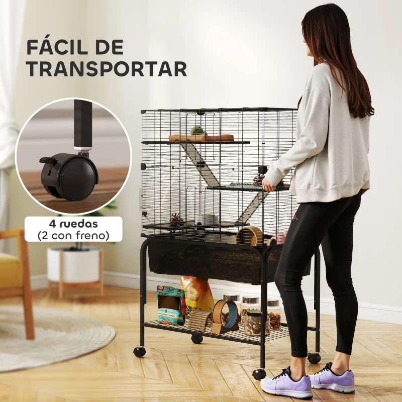 PawHut Jaula para Animales Pequeños de 4 Niveles con Ruedas Bandeja Profunda Rampas Plataformas y Comedero 73x47x123 cm Negro