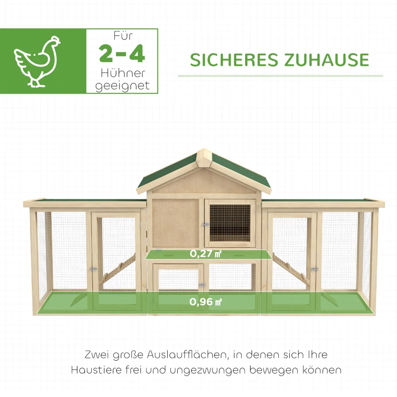 PawHut Hühnerstall mit Freigehege, inkl. Nistkasten, Rampe und Bodenwanne Tannenholz Naturholz(m-4)