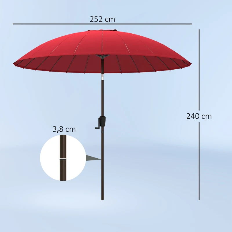 Outsunny Parasol de jardin Parasol droit Parasol inclinable rond avec 24 baleines manivelle aluminium fibre de verre polyester diamètre 2,60 m coloris rouge