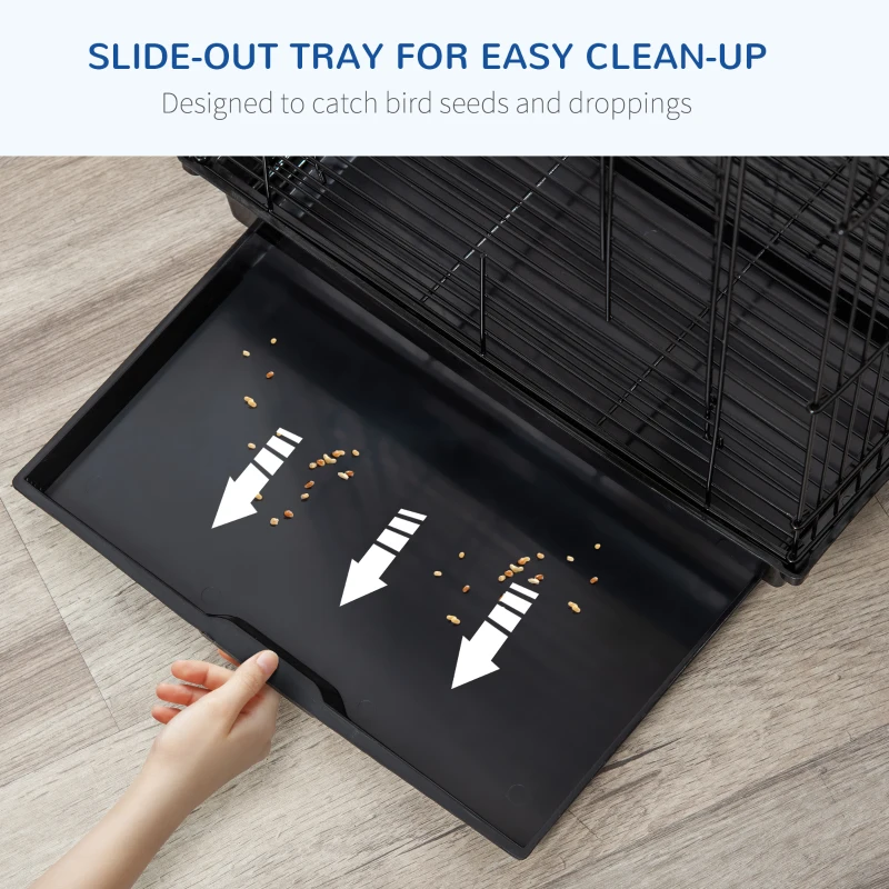 PawHut Steel Bird Cage with Openable Top, Stand, Tray, Handles, Feeding Bowls for Parakeet, Finch - Black