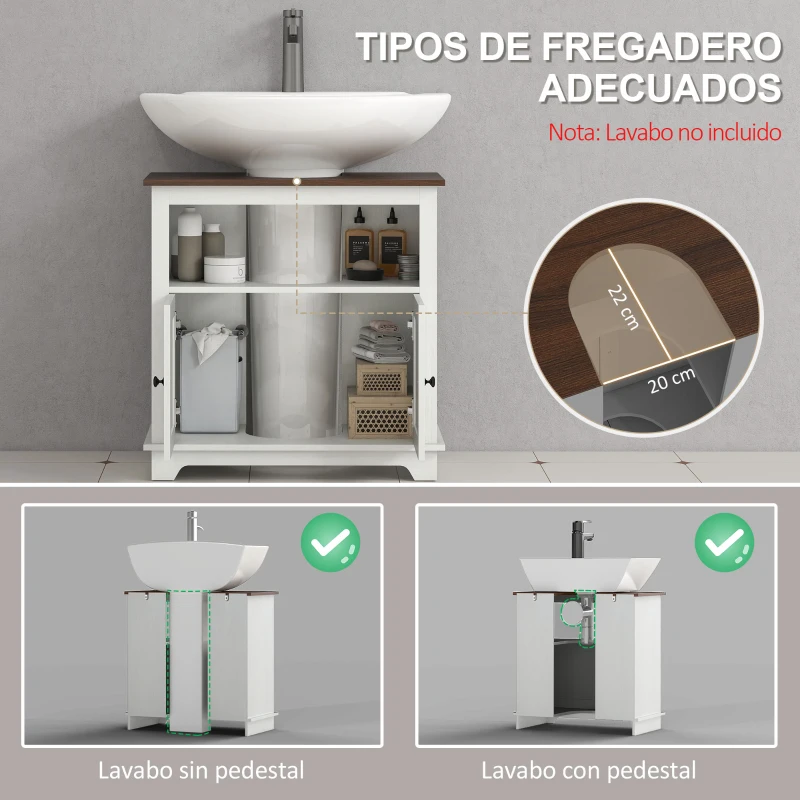 kleankin Mueble para Debajo del Lavabo de Madera Armario de Baño de Suelo Mueble Bajo Lavabo Pie con 2 Puertas 60x30x60 cm Blanco