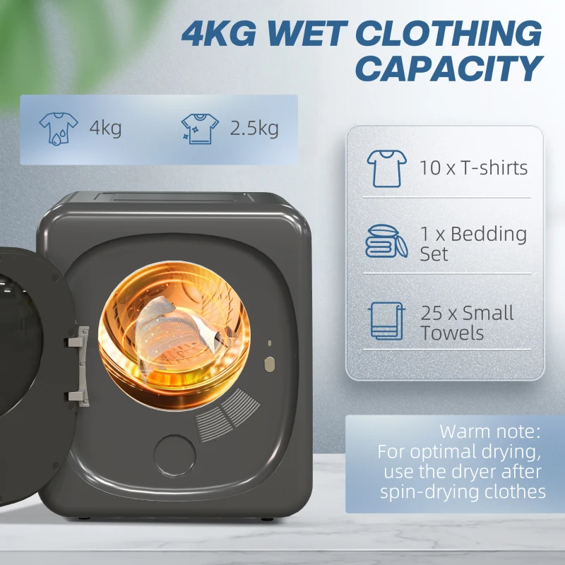 HOMCOM 4kg Vented Tumble Dryer with Deodorize, Smart Mode, 800W Compact Tumble Dryer with Stainless Steel Tub, Front Load, for Flat, Home, RVs, Grey