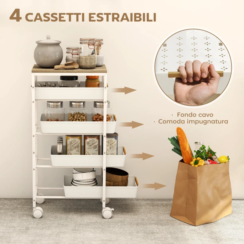 HOMCOM Carrello da Cucina a 5 Livelli con 4 Cesti Estraibili, in Metallo, PP e Legno, 39.5x24x82 cm, Bianco e Rovere