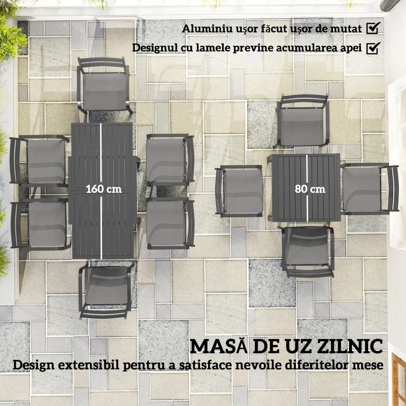 Outsunny Set de Grădină cu Masă Extensibilă și 6 Scaune Stivuibile Gri