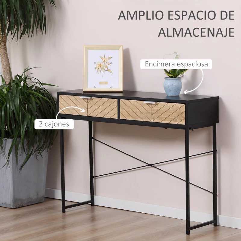 HOMCOM Mesa de Consola Estrecha con 2 Cajones Diseño de Líneas Talladas Estilo Moderna Negro y Roble