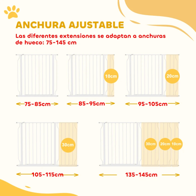 PawHut Barrera de Seguridad de Perros Extensible para Escaleras y Puertas 75-145 cm con 3 Extensiones de 10/20/30 cm Montaje a Presión Altura 76 cm Blanco
