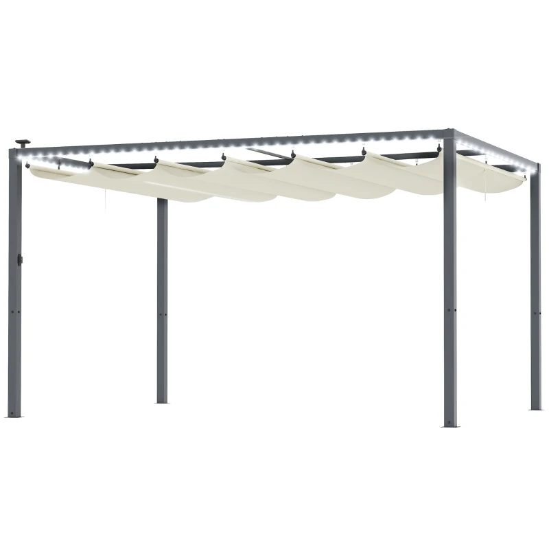 Outsunny Pérgola de Aluminio 4x3 m Gazebo con Luces LED Solares y Techo Retráctil para Jardín Crema