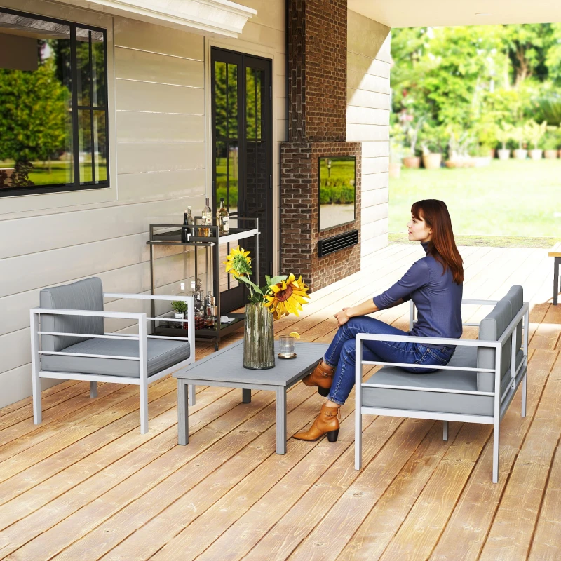 Outsunny 4 Piece Garden Furniture Set, 4 Seater Aluminium Garden Sofa Set with 2 Armchairs, Loveseat, Coffee Table and Cushions, Outdoor Conversation Conservatory Furniture for Patio, Charcoal Grey