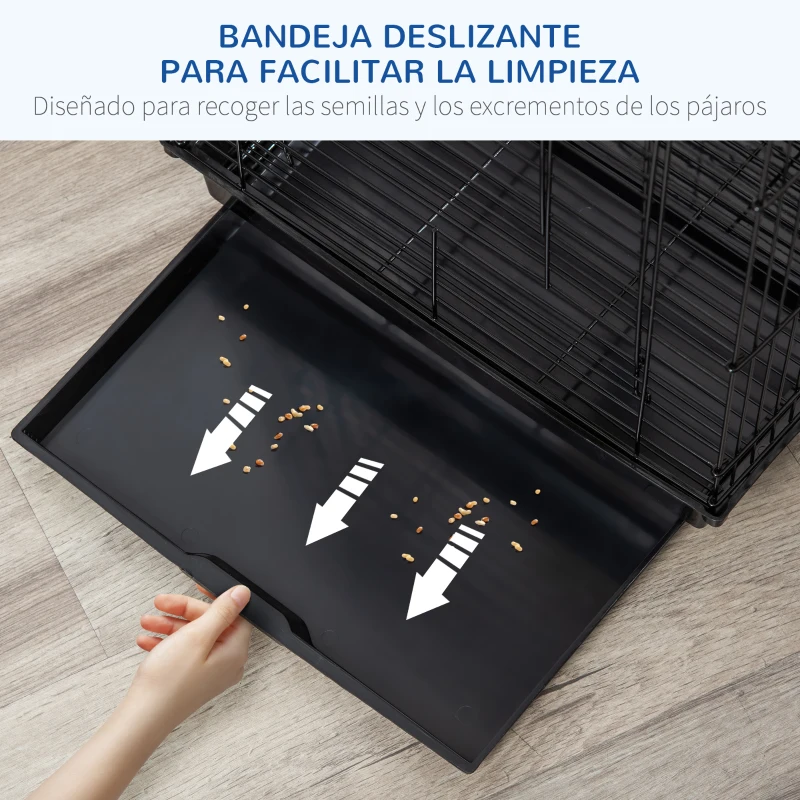 PawHut Jaula para Pájaros Jaula de Aves 40x40x59 cm con Techo Abatible 2 Perchas 2 Comederos y Bandeja Extraíble Negro