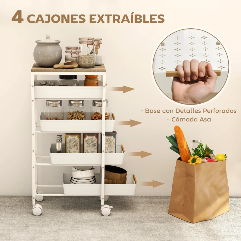 HOMCOM Carro de Cocina de 5 Niveles Carrito Auxiliar con Ruedas Tablero Efecto Madera Cajones Extraíbles 39,5x24x82 cm Blanco