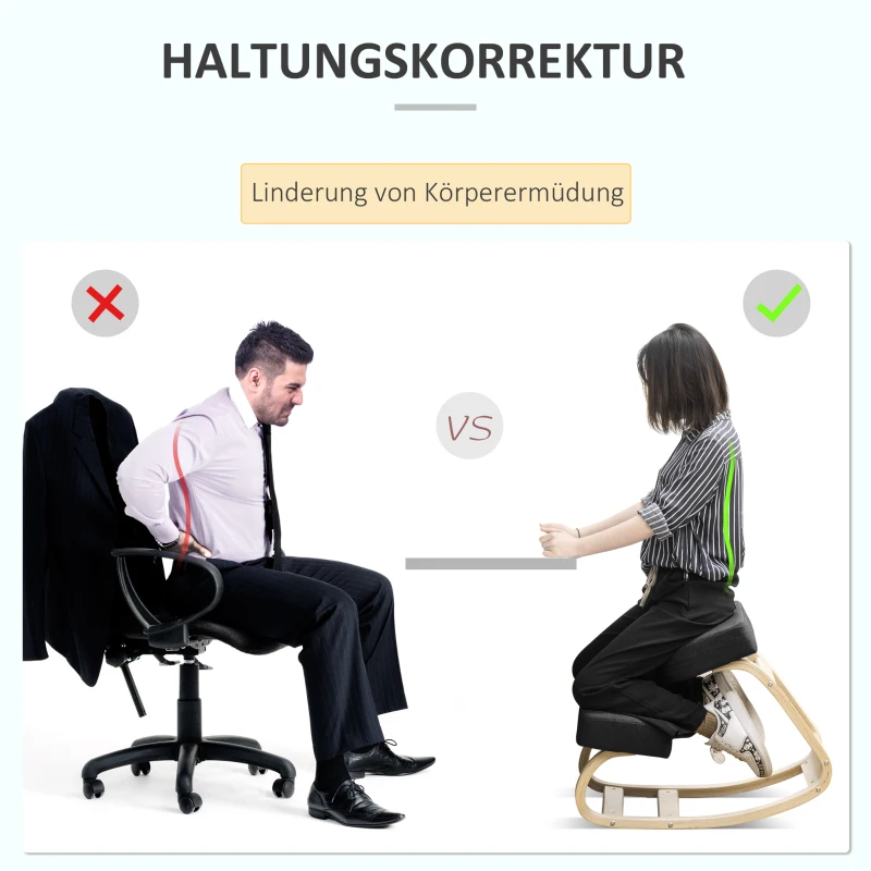 Vinsetto Kniestuhl, ergonomischer Sitzhocker, Polsterhocker für gesunde Sitzhaltung, Birkenholz, 120 kg belastbar, Schwarz(m-4)