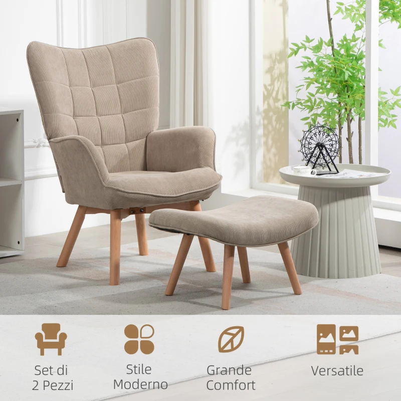 HOMCOM Poltrona con Poggiapiedi in Stile Contemporaneo, in Tessuto Effetto Velluto, 72x80x101 cm, Marrone Chiaro