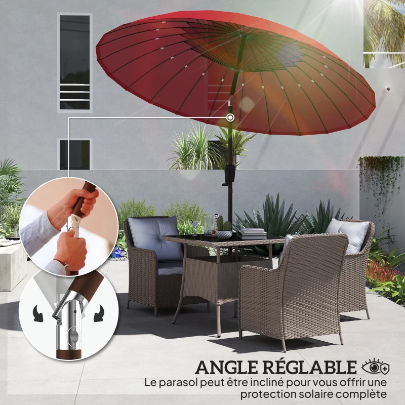 Outsunny Parasol de jardin Parasol droit Parasol inclinable rond avec 24 baleines manivelle aluminium fibre de verre polyester diamètre 2,60 m coloris rouge