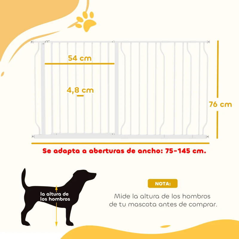 PawHut Barrera de Seguridad de Perros Extensible para Escaleras y Puertas 75-145 cm con 3 Extensiones de 10/20/30 cm Montaje a Presión Altura 76 cm Blanco