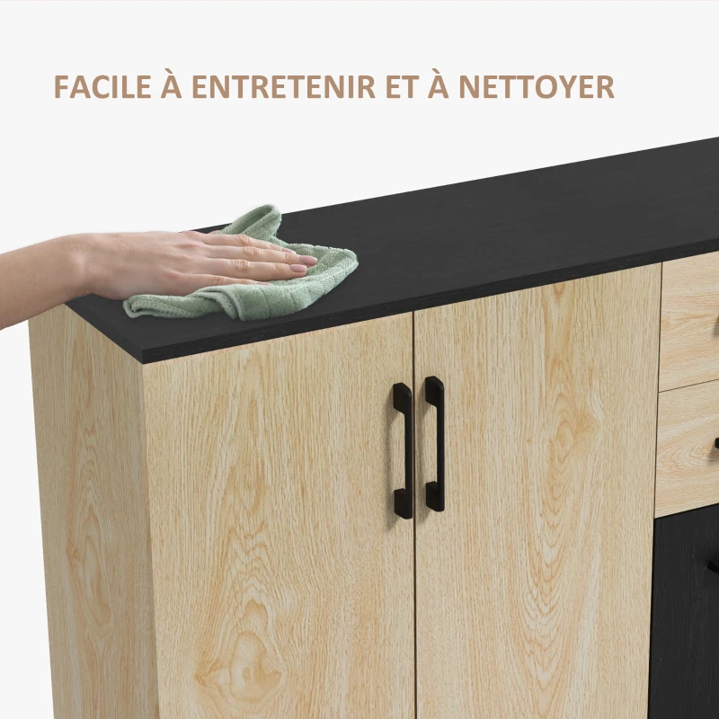 HOMCOM Meuble buffet de rangement cuisine 2 placards étagère réglable 2 tiroirs 90 x 30 x 75,5 cm naturel noir