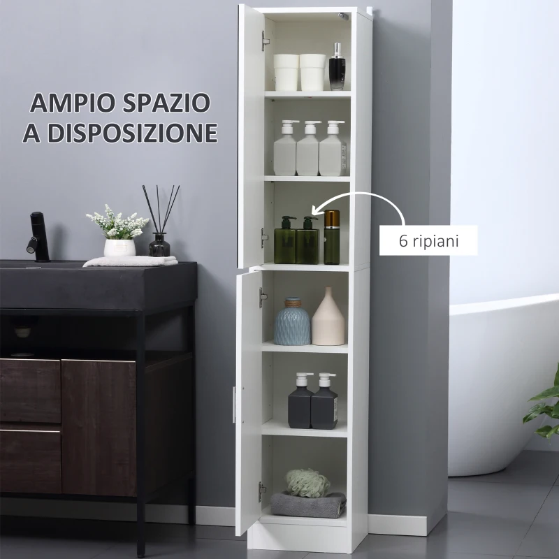 kleankin Mobile Colonna Bagno in Legno a 5 Ripiani con Anta a Specchio Apribile, 32x28x162 cm, Bianco