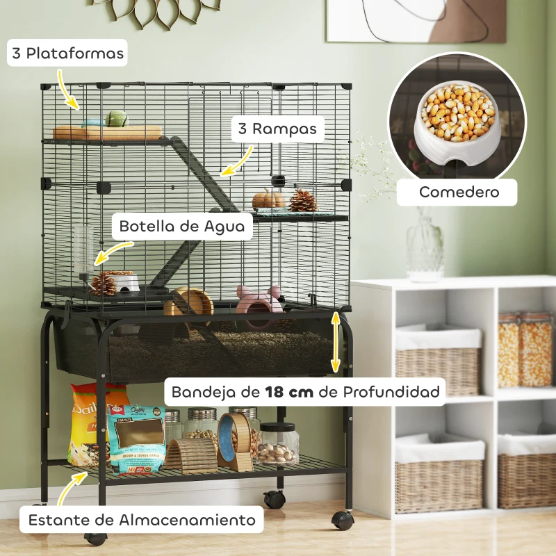 PawHut Jaula para Animales Pequeños de 4 Niveles con Ruedas Bandeja Profunda Rampas Plataformas y Comedero 73x47x123 cm Negro