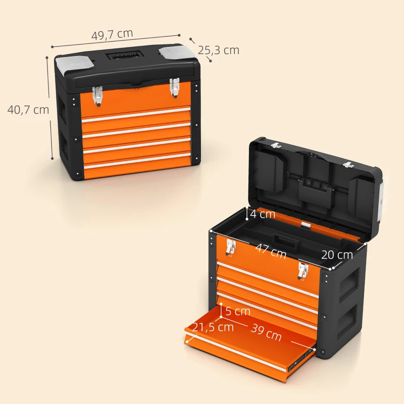 HOMCOM Werkzeugkiste leer, 49,7 x 25,3 x 40,7 cm Werkzeugkasten mit 4 Schubladen, Mini-Box Stahl Orange(m-3)
