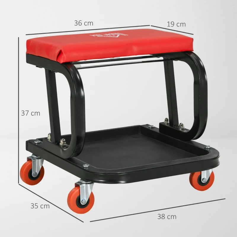 HOMCOM Sgabello da Officina Imbottito con Ruote e Vassoio Porta Attrezzi in Acciaio e PU, 38x35x37cm, Rosso