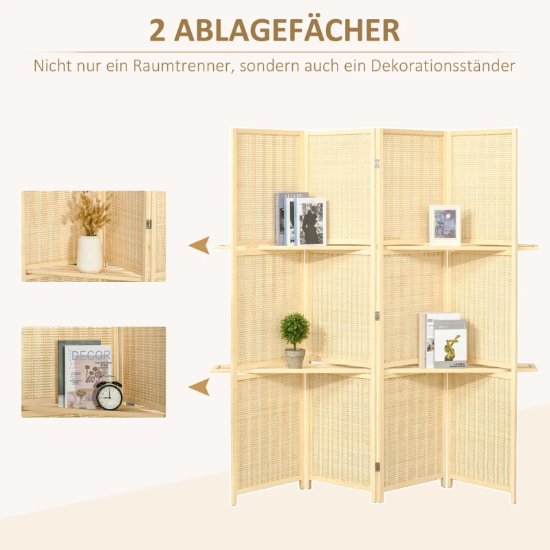 HOMCOM Raumteiler, Raumtrenner aus Bambus, 2 Regale, faltbar, Fußpads, Natur(m-4)