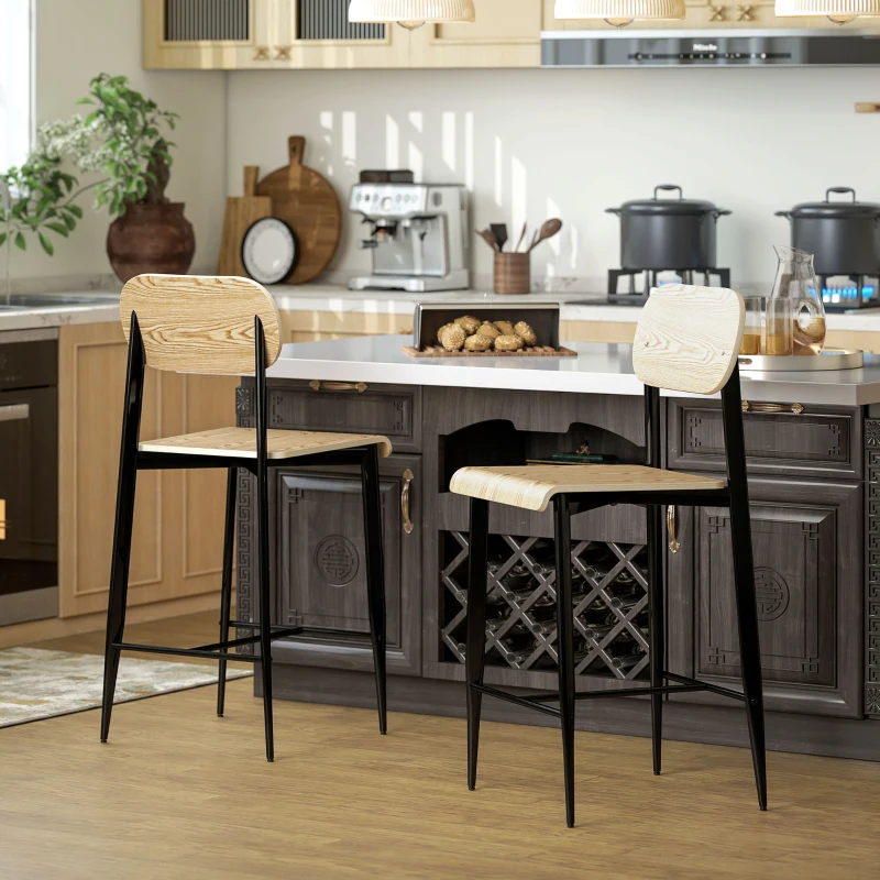 HOMCOM Lot de 2 tabourets de bar, hauts 65H cm avec dossier, structure en acier, effet bois naturel