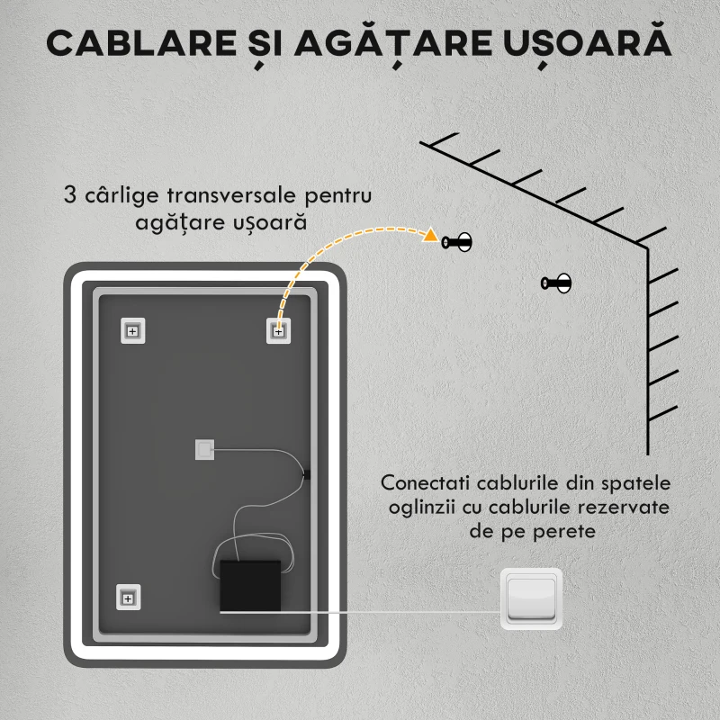 HOMCOM Oglindă de Baie Touch 70x100 cm cu LED 3 Tonuri de Lumină și Antiaburire