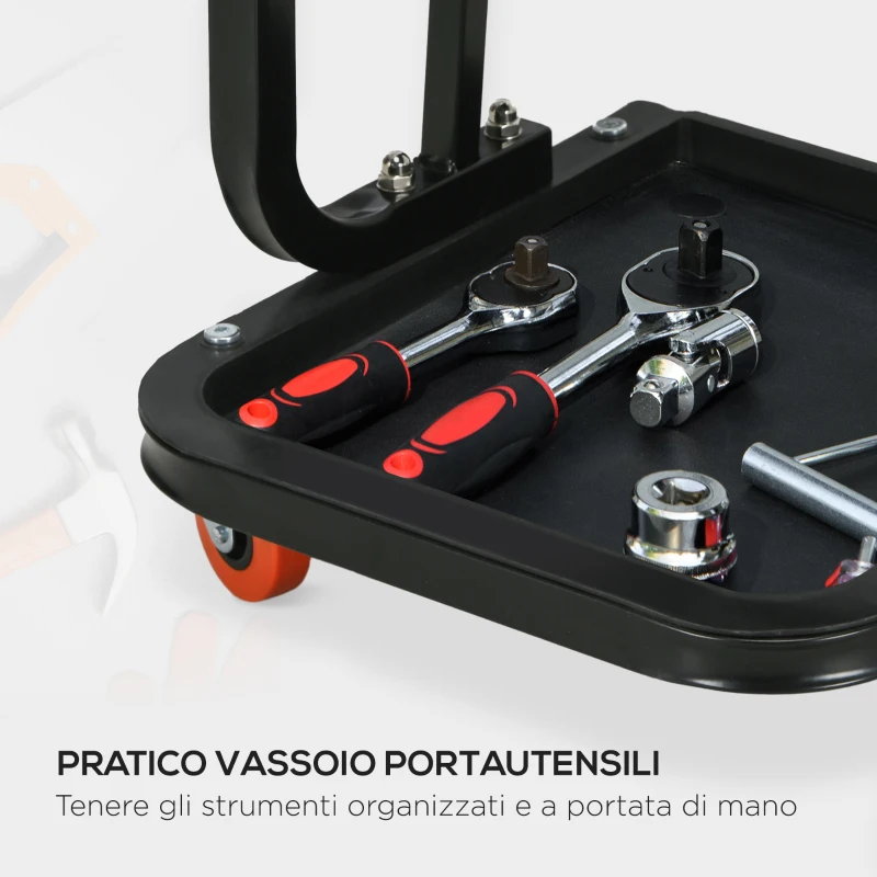 HOMCOM Sgabello da Officina Imbottito con Ruote e Vassoio Porta Attrezzi in Acciaio e PU, 38x35x37cm, Rosso