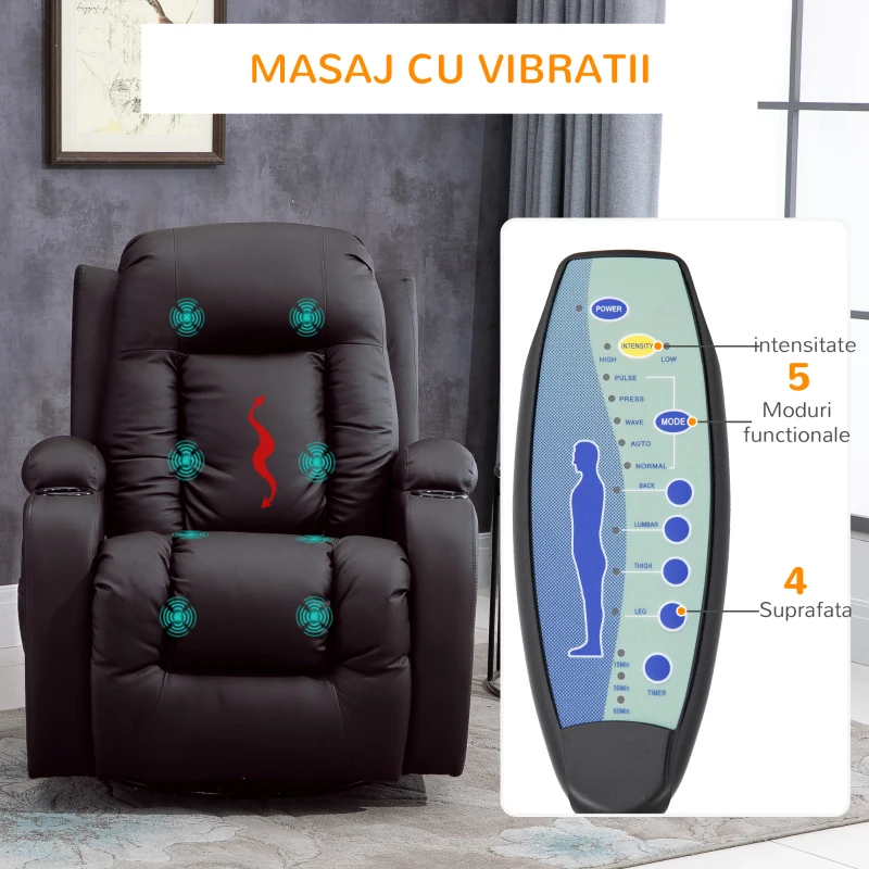 HOMCOM Fotoliu Relaxare – Masaj, incalzire & Rabatare Piele Eco