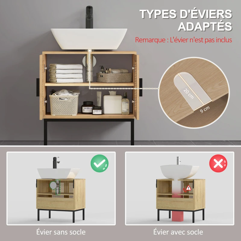 kleankin Meuble salle de bain sous lavabo placard 2 portes cannage avec étagère 60 x 39 x 60 cm coloris bois de chêne