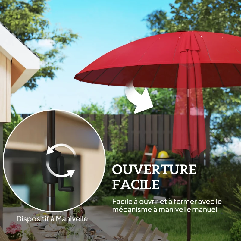 Outsunny Parasol de jardin Parasol droit Parasol inclinable rond avec 24 baleines manivelle aluminium fibre de verre polyester diamètre 2,60 m coloris rouge