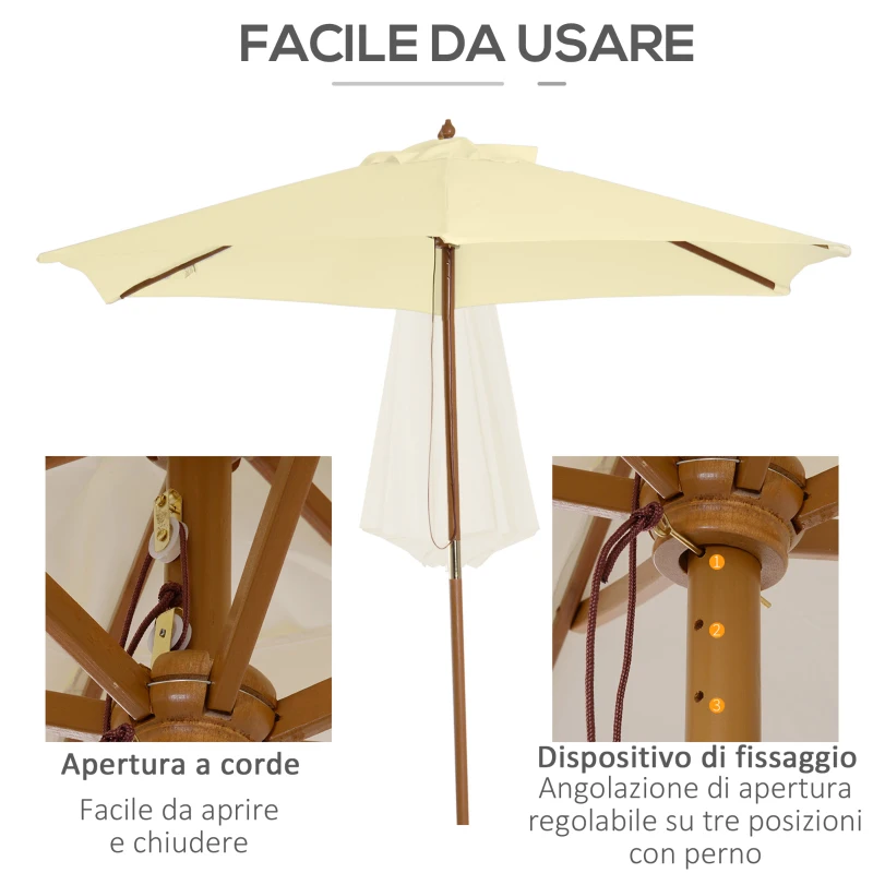 Outsunny Ombrellone da Giardino 2.5x2.3 m a 6 Stecche in Legno Laccato e Poliestere, Beige