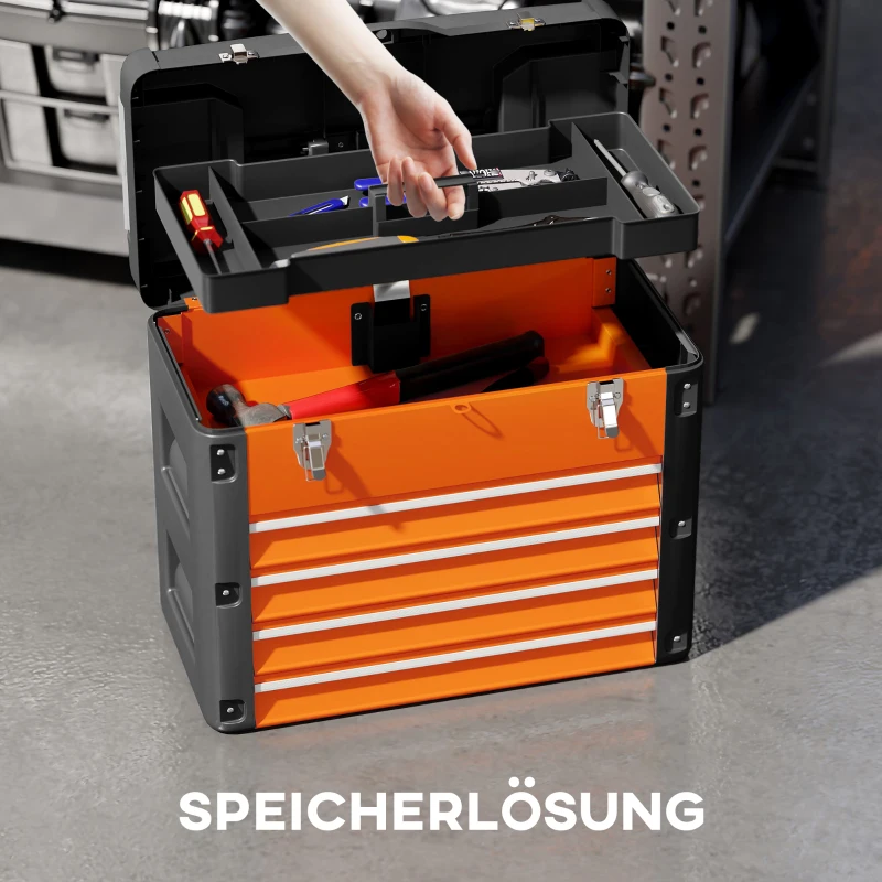 HOMCOM Werkzeugkiste leer, 49,7 x 25,3 x 40,7 cm Werkzeugkasten mit 4 Schubladen, Mini-Box Stahl Orange(m-4)