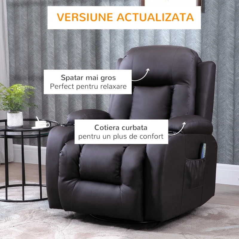 HOMCOM Fotoliu Relaxare – Masaj, incalzire & Rabatare Piele Eco
