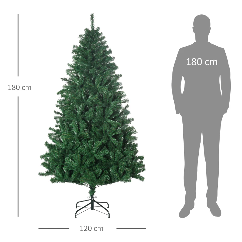 HOMCOM Árbol de Navidad de 180 cm Árbol Artificial 1000 Puntas para Decoración Navideña de Plástico Metal Ø120x180 cm Verde