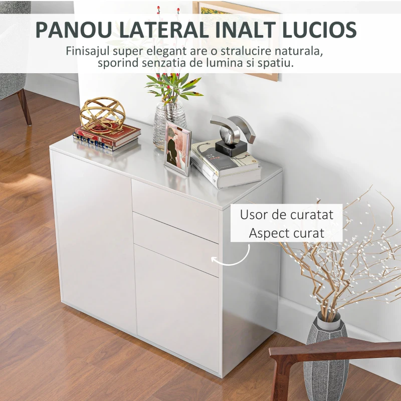 HOMCOM Comoda cu 2 dulapuri si 2 sertare, 79x36x74cm, alb lucios(m-5)
