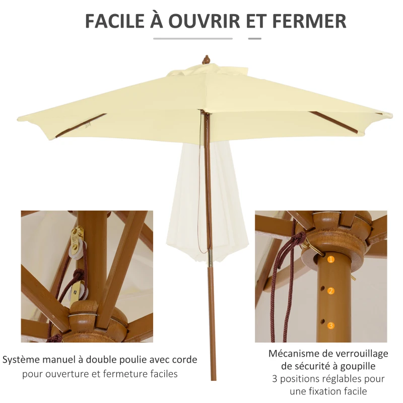Outsunny Parasol de jardin extérieur parasol droit double toit Hexagonal Grande Taille de Jardin Ø 2,5 x 2,3H m Bois de Bambou crème