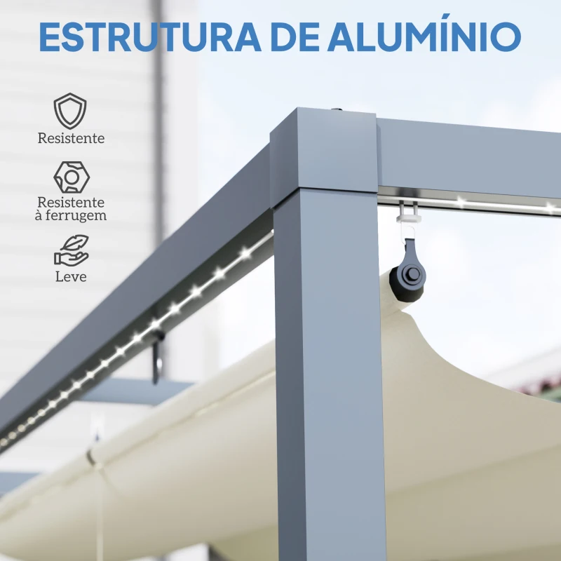 Outsunny Pérgola de Alumínio 4x3 m Pérgola de Jardim com Luzes LED Solares Teto Retrátil Impermeável Anti-UV  Creme e Cinzento