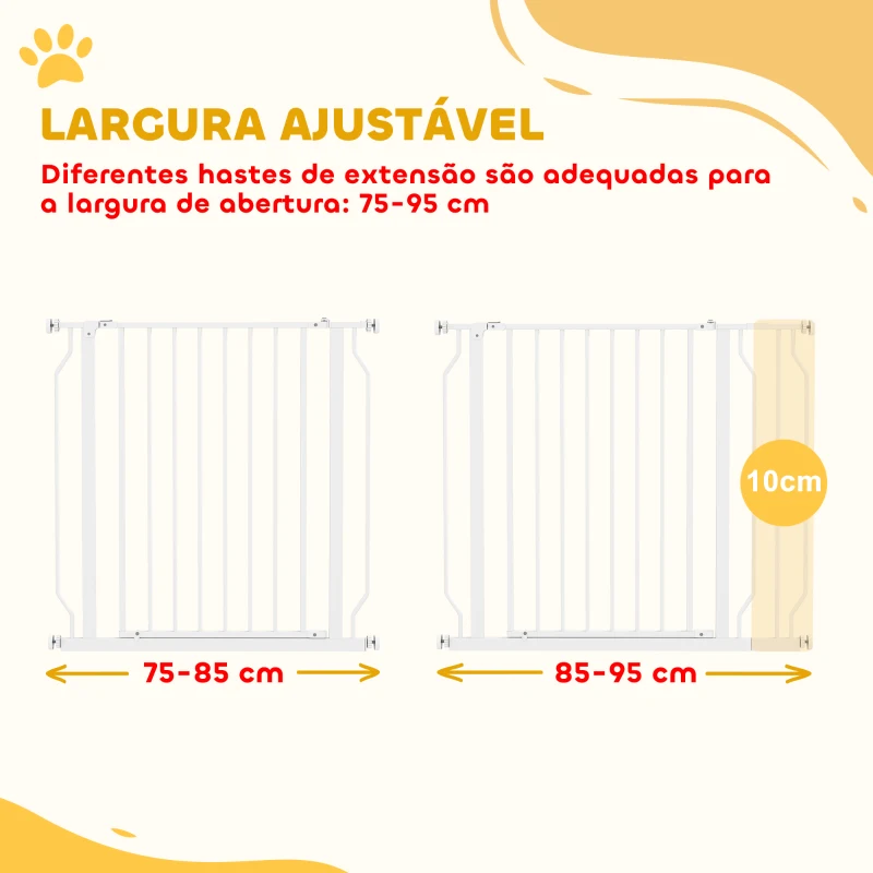 PawHut Barreira de Segurança para Cães Extensível para Escadas e Portas 75-95cm com  Extensão de 10 cm Altura 76 cm Branco