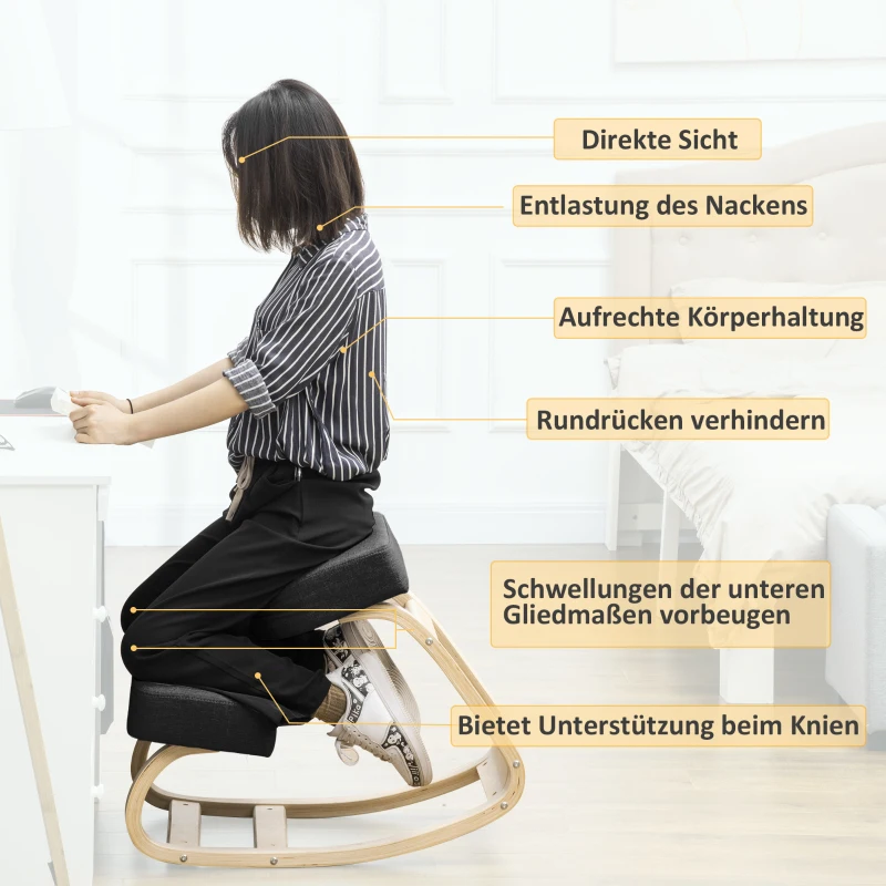 Vinsetto Kniestuhl, ergonomischer Sitzhocker, Polsterhocker für gesunde Sitzhaltung, Birkenholz, 120 kg belastbar, Schwarz(m-5)