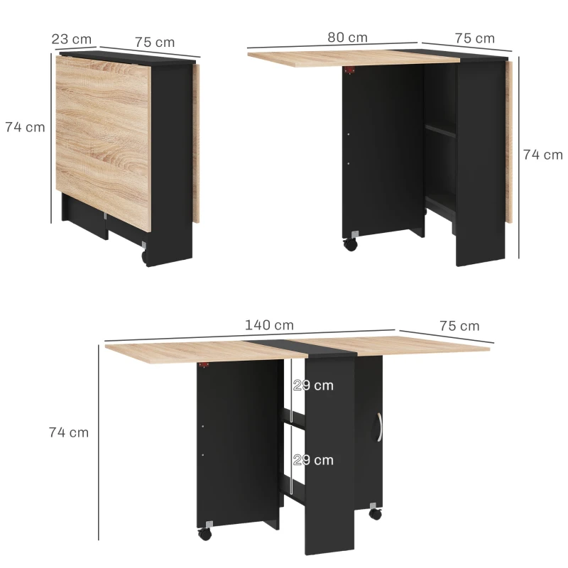 HOMCOM Mesa de Cocina Plegable con Ruedas 2 Estantes de Almacenaje y 2 Alas Abatibles Estilo Moderno 75x140x74 cm Natural
